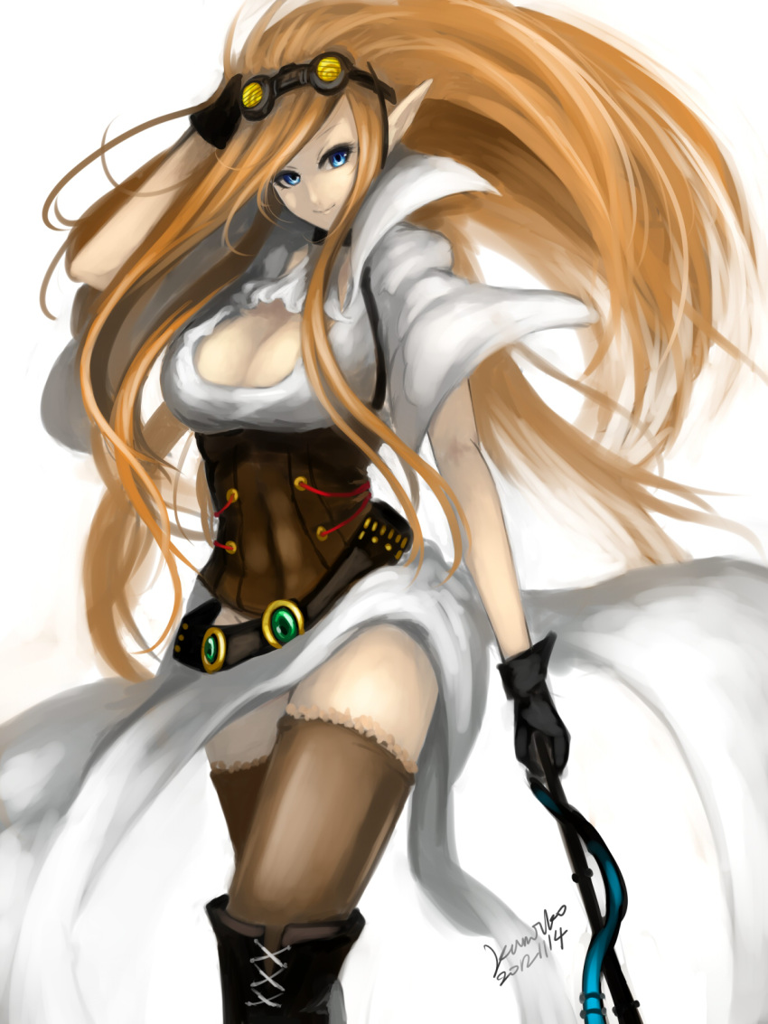 aleron, bare_arms, blonde_hair, blue_eyes, boots, goggles, highres, holding, janna_windforce, kumiko_(aleron), league_of_legends, pixiv_thumbnail, solo, thigh-highs, thighhighs, weapon