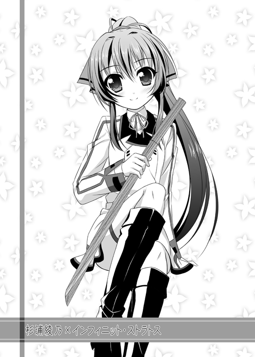 cosplay, endori_upa, infinite_stratos, long_hair, monochrome, ponytail, ribbon, skirt