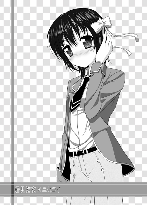 black_hair, blush, cosplay, endori_upa, funami_yui, hair_ribbon, monochrome, necktie, nisekoi, ribbon, school_uniform, short_hair, tsugumi_seishirou, uniform, yuru_yuri