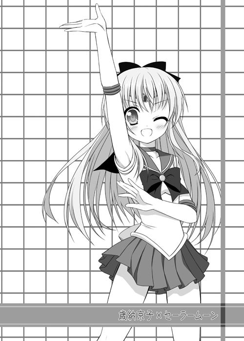 bishoujo_senshi_sailor_moon, bow, cosplay, endori_upa, long_hair, monochrome, open_mouth, sailor_venus