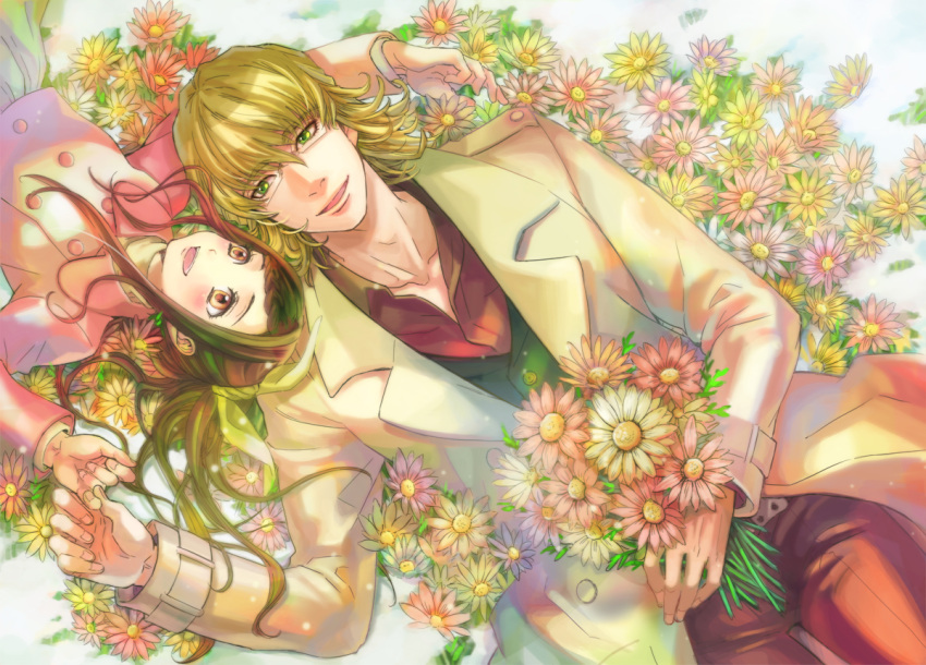 1girl, barnaby_brooks_jr, blonde_hair, braid, brown_eyes, brown_hair, emi_(penguin908), flower