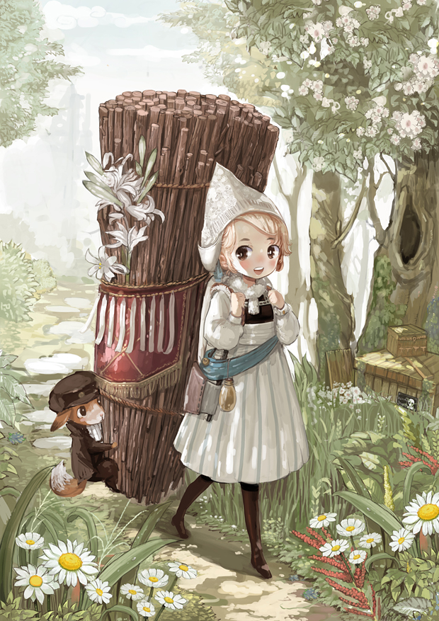 animal, axe, banner, belt, blonde_hair, box, brown_eyes, daisy