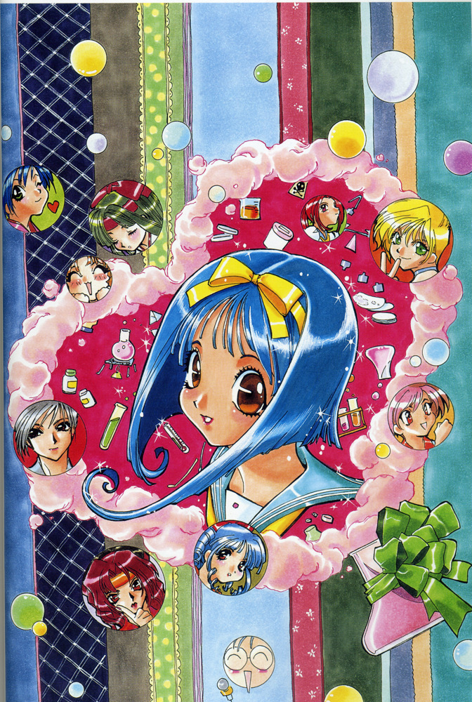 90s, asuka_120_percent, blonde_hair, blue_hair, brown_eyes, cathy_wild, flask, furutachi_ichiko, green_hair, grey_hair, highres, honda_asuka, houjou_torami, ishida_atsuko, mitarai_kiyoko, multiple_girls, official_art, ookubo_kumi, owada_nana, pink_hair, red_hair, redhead, scan, shindou_tamaki, short_hair, smile, smoke, suzuki_megumi, toyota_karina, yamazaki_ryuuko