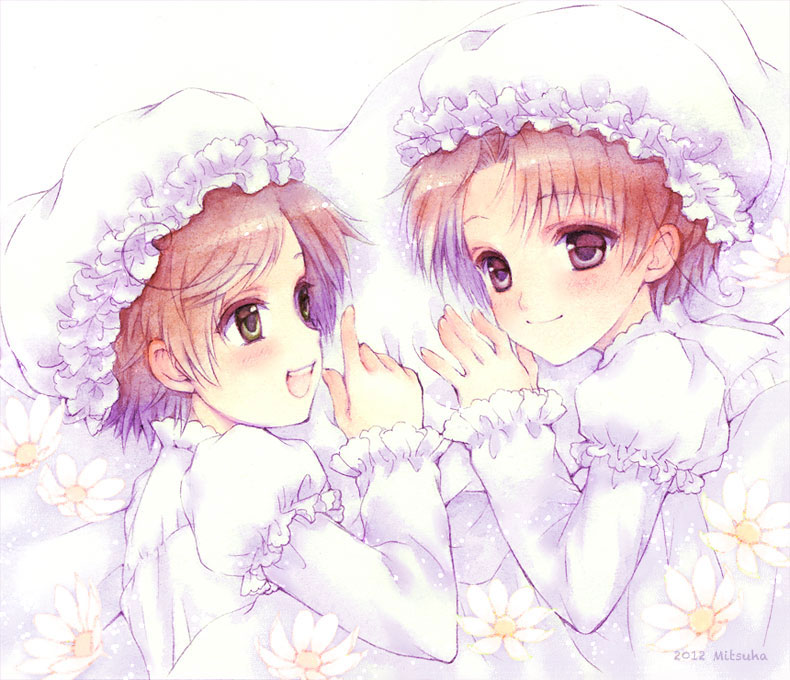 :d, androgynous, axis_powers_hetalia, blush, brothers, brown_hair, green_eyes, hat