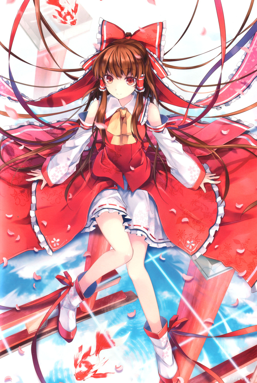 absurdres, bow, brown_hair, detached_sleeves, dress, embellished_costume, fish, grid