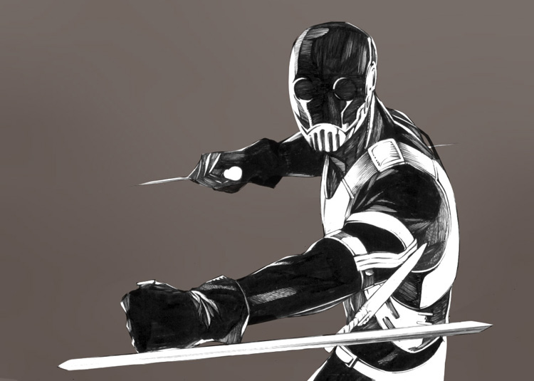 brown_background, hellboy_(comic), karl_ruprecht_kroenen, kroenen, monochrome, onigunsou, simple_background, tonfa, weapon