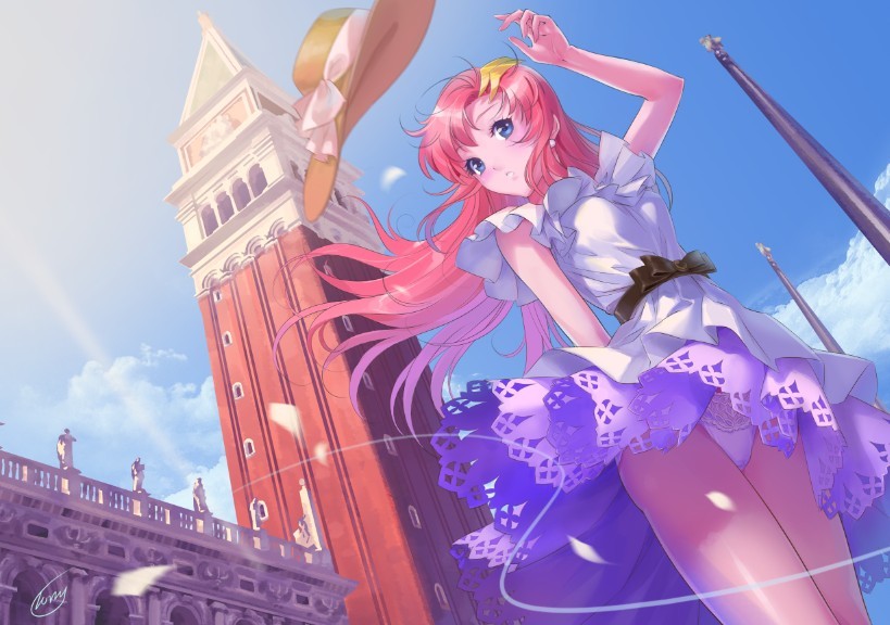 blue_eyes, blush, bow, campanile_di_san_marco, cloud, clouds, dress, earrings, gundam, gundam_seed, hat, jewelry, lacus_clyne, long_hair, panties, pantyshot, petals, pink_hair, sakyuu_(flandis), signature, sky, solo, underwear, venice, wind, wind_lift