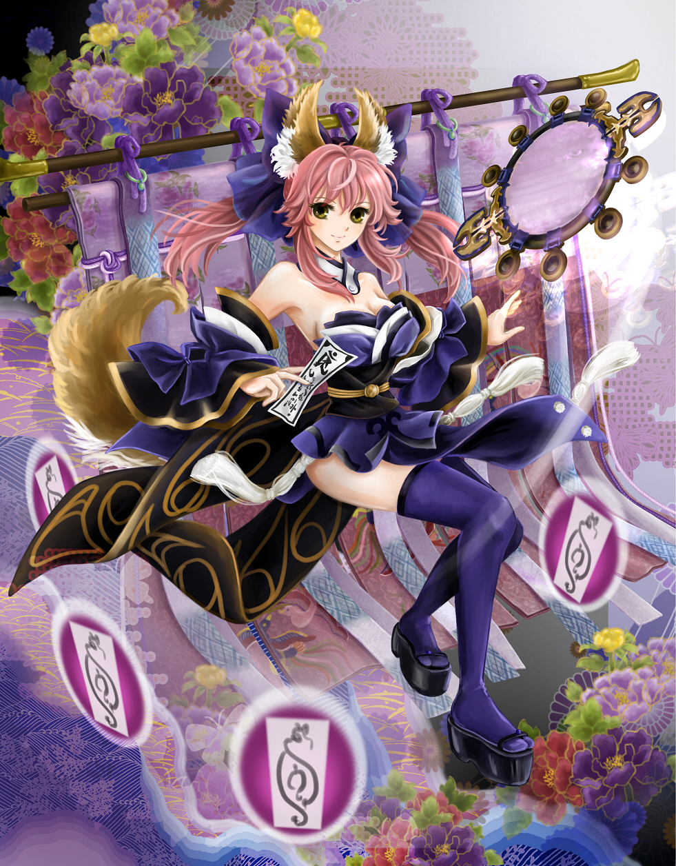 animal_ears, blue_legwear, bow, caster_(fate/extra), detached_sleeves, fate/extra, fate_(series), fox_ears