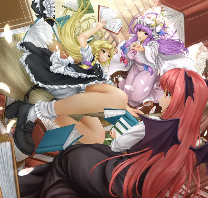 bat_wings, blonde_hair, bloomers, blush, book, braid, breasts, broom