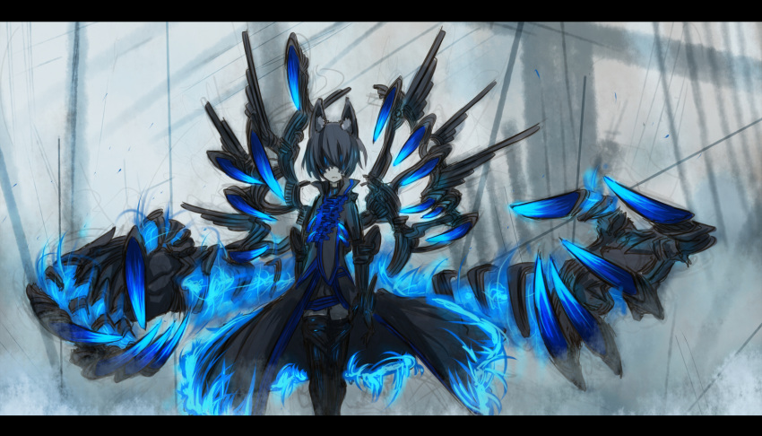 blindfold, blue_fire, fire, fox_ears, glowing, hair_over_eyes, highres, multiple_tails