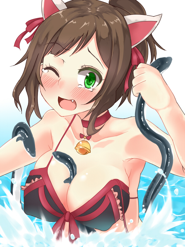 animal_ears, bell, bikini, brown_hair, cat_ears, collar, eel, fang