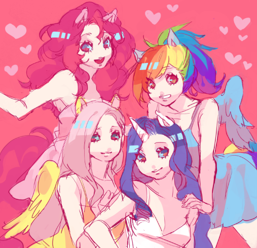 animal_ears, bare_shoulders, fluttershy, friends, heart, horn, matsusaka, multiple_girls, my_little_pony, my_little_pony_friendship_is_magic, personification, pink_background, pink_hair, pinkie_pie, ponytail, purple_hair, rainbow_dash, rainbow_hair, rarity, touhou, wings