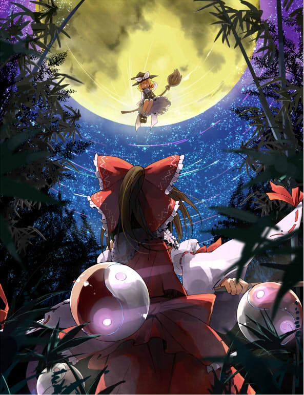 bamboo, blonde_hair, braid, broom, broom_riding, brown_hair, from_behind, full_moon, hair_tubes, hakurei_reimu, hat, hat_ribbon, imperishable_night, kirisame_marisa, long_hair, moon, multiple_girls, night, night_sky, orb, ribbon, single_braid, sitting, sky, taker, touhou, witch_hat, yin_yang