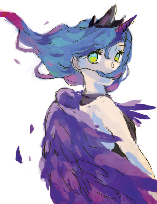 blue_hair, feathered_wings, floating_hair, horn, looking_back, luna_(my_little_pony), matsusaka, my_little_pony