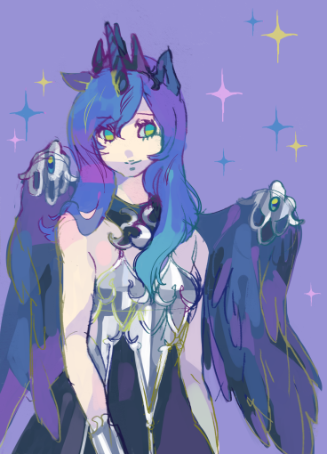 animal_ears, armor, bare_shoulders, blue_hair, horn, long_hair, luna_(my_little_pony), matsusaka