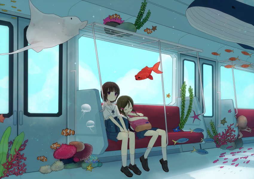 animal, bag, brown_hair, clownfish, coral, fish, hair_ornament, hairclip, highres, jellyfish, mituame, multiple_girls, octopus, open_mouth, original, purple_eyes, school_bag, school_uniform, seifuku, serafuku, short_hair, sitting, skirt, sleeping, smile, stingray, surreal, train, train_interior, underwater, violet_eyes, water, whale