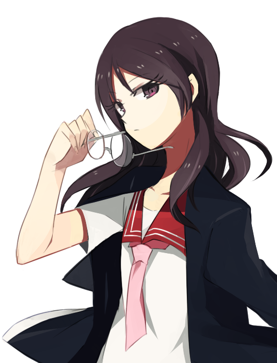 black_eyes, black_hair, glasses, glasses_removed, hair_down, jacket, long_hair, saki