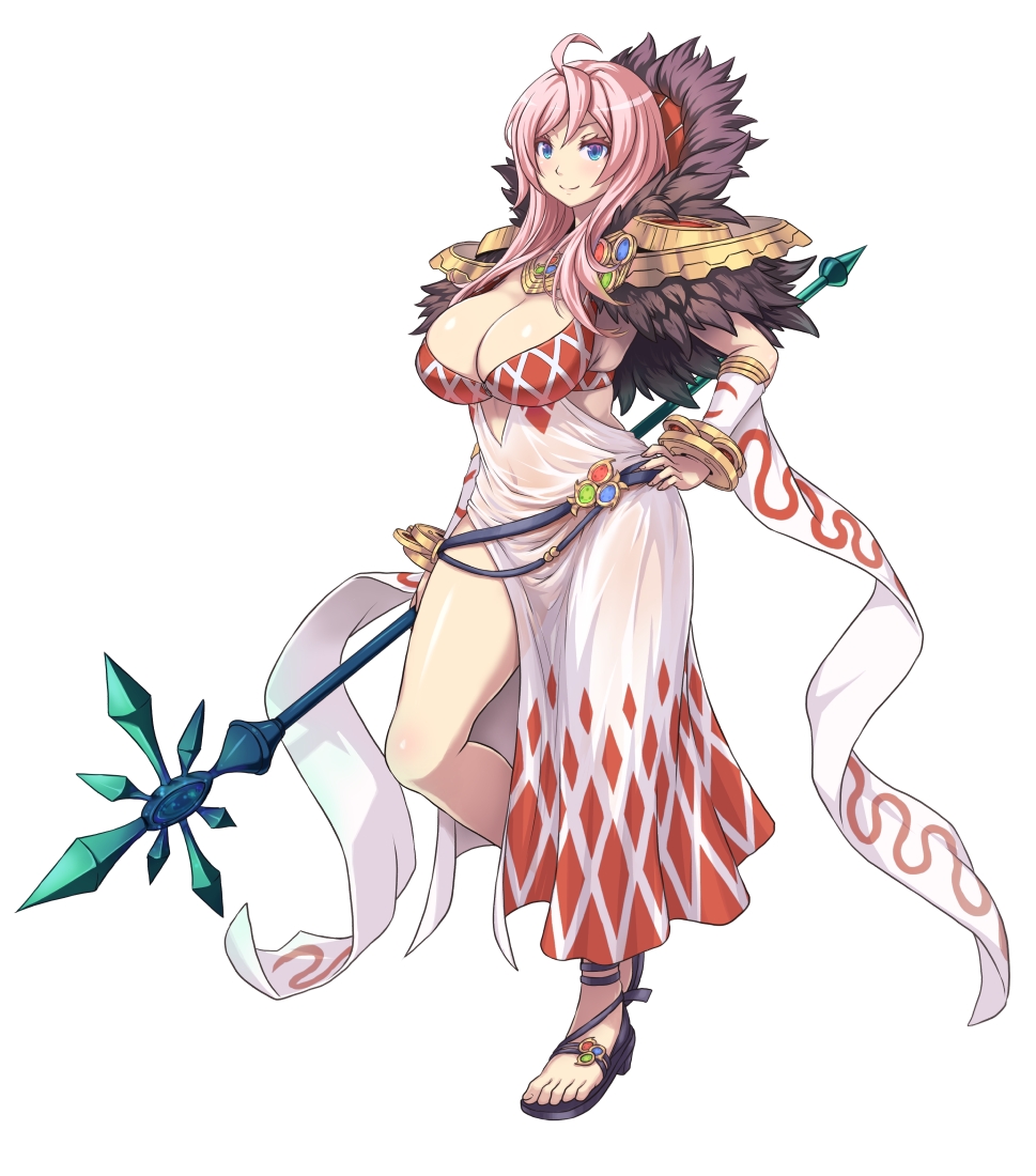 ahoge, blue_eyes, bracelet, breasts, cleavage, dress, feathers, funamushi_(funa)