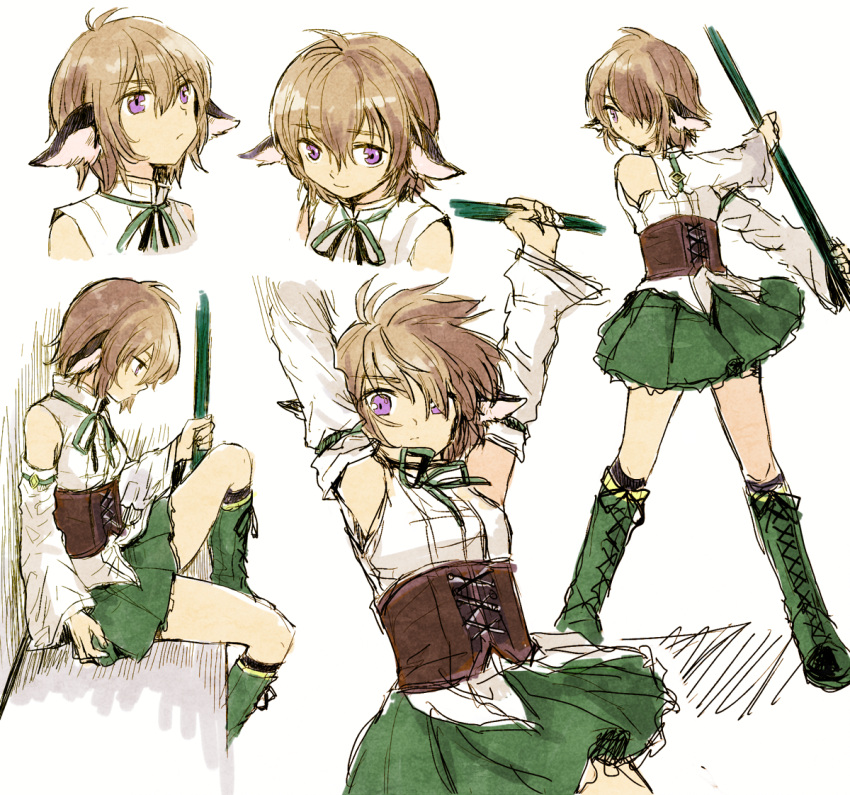 animal_ears, arms_up, blouse, boots, bow, brown_hair, corset, cross-laced_footwear