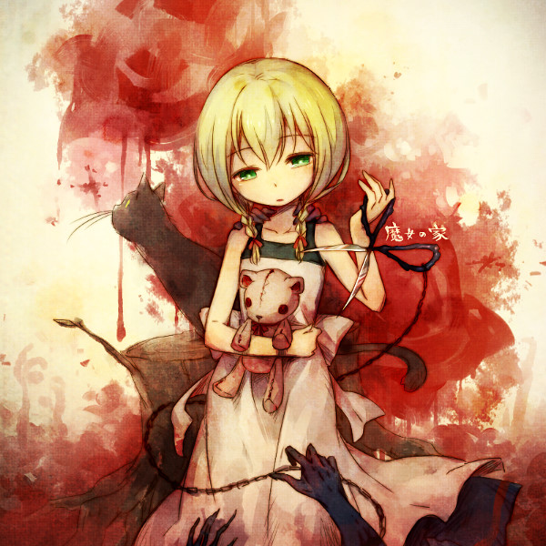 apron, black_cat, blonde_hair, blood, braid, cat, child, dress