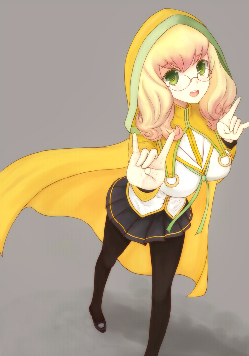 \m/, black_legwear, blazblue, blazblue_phase_0, blonde_hair, breasts, cape, coat, from_above, glasses, green_eyes, green_hair, grey_background, hood, langod, large_breasts, long_hair, open_mouth, pantyhose, school_uniform, shoes, skirt, solo, trinity_glassfield