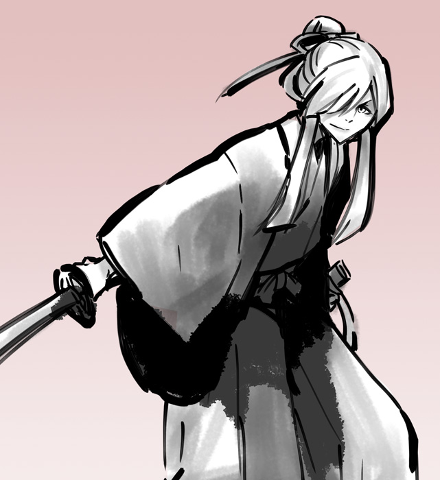 alternate_costume, androgynous, hair_bun, hair_over_one_eye, hatoful_kareshi, japanese_clothes, katana, kimono, leaning, leaning_forward, long_sleeves, looking_at_viewer, male, moa810, monochrome, nishikikouji_tohri, outstretched_arm, personification, purple_background, simple_background, smile, smug, sword, unsheathed, weapon, white_skin, wide_sleeves