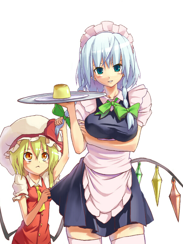 :<, blonde_hair, blue_eyes, braid, flandre_scarlet, hat, izayoi_sakuya, maid