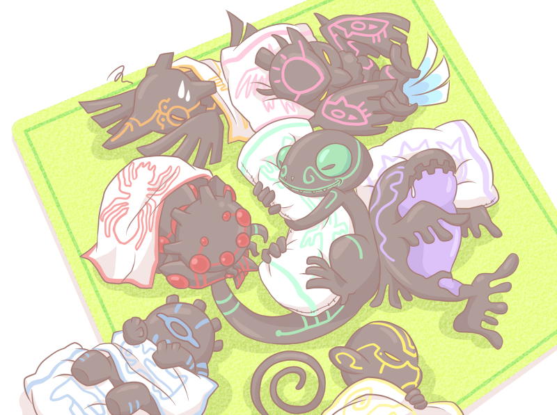 chibi, duel_monster, earthbound_immortal_aslla_piscu, earthbound_immortal_ccapac_apu, earthbound_immortal_ccarayhua, earthbound_immortal_chacu_challhua, earthbound_immortal_cusillu, earthbound_immortal_uru, earthbound_immortal_wiraqocha_rasca, hug, lying, minimized, no_humans, pillow, saliva, sleeping, sweatdrop, tail, wings, yu-gi-oh!, yuu-gi-ou, yuu-gi-ou_5d's, yuu-gi-ou_5d's