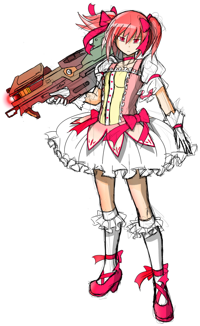 absurdres, bow, bubble_skirt, gloves, hair_bow, halo_(game), highres, kaname_madoka, magical_girl, mahou_shoujo_madoka_magica, pink_eyes, pink_hair, short_hair, short_twintails, spartan_laser, stealthcat, twintails, weapon