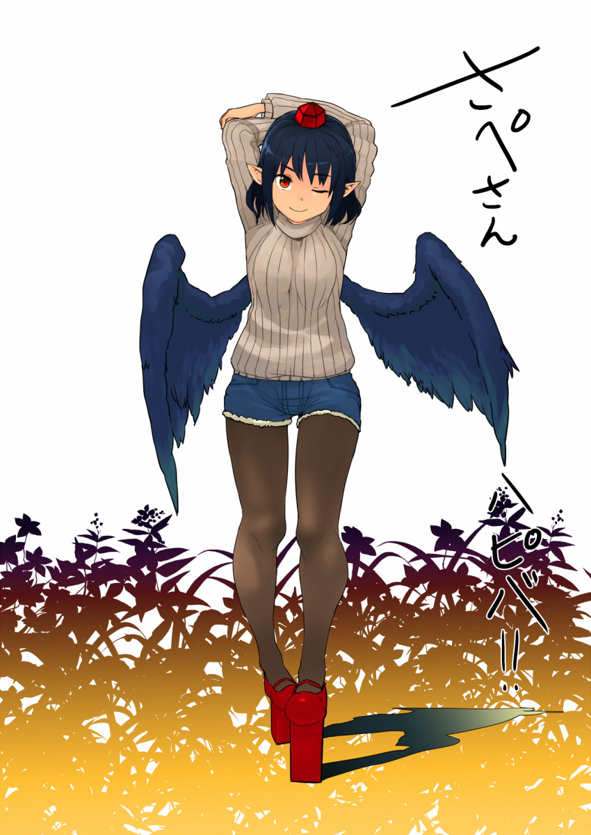alternate_costume, arms_up, black_hair, black_legwear, bob_cut, cutoffs, denim, denim_shorts