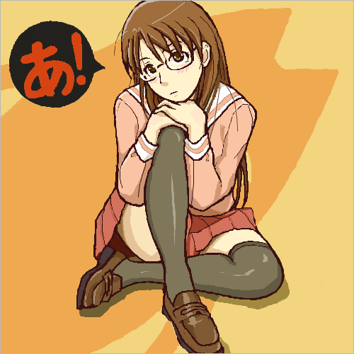 azumanga_daioh, black_legwear, blush, brown_eyes, brown_hair, chin_rest, chiyo_chichi, crossed_legs