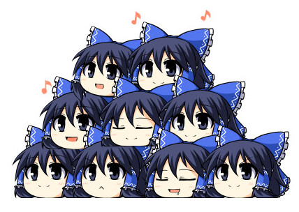alternate_color, blue_eyes, blue_hair, closed_eyes, drooling, eyes_closed, hakurei_reimu, lowres