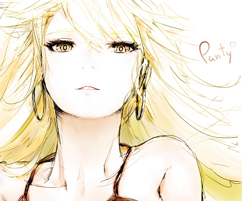 1girl, bare_shoulders, blonde_hair, bust, character_name, earrings, francisco_valle, heart, highres, hoop_earrings, jewelry, long_hair, looking_at_viewer, panty_&amp;_stocking_with_garterbelt, panty_(psg), sketch, smile, solo, yellow_eyes