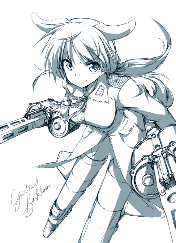 >:), animal_ears, character_name, dog_ears, dual_drum_magazine, dual_wielding, gertrud_barkhorn, gun