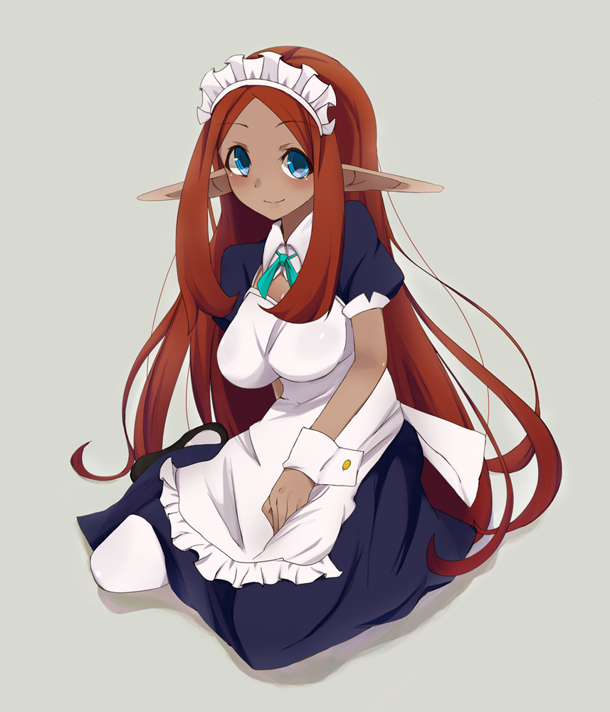 apron, bitter69, blue_eyes, blush, breasts, dark_elf, dark_skin, elf