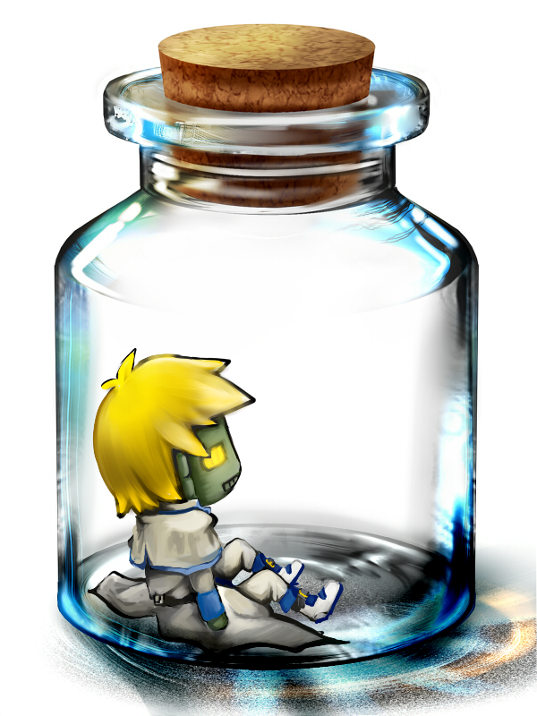 blonde_hair, cork, guilty_gear, in_container, jar, kuku_(xx81), robo-ky, robot