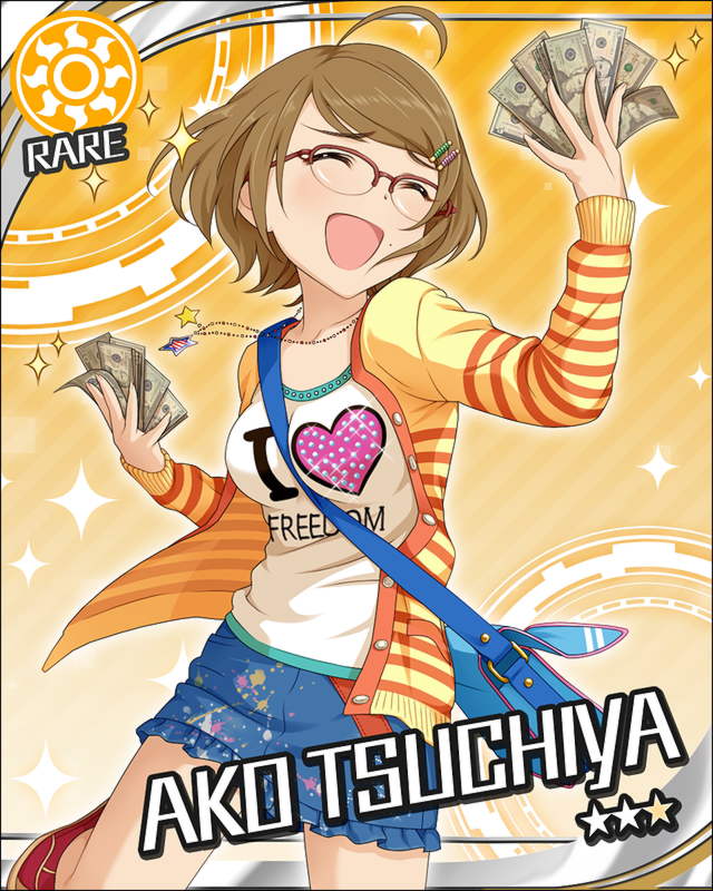 ahoge, bag, brown_hair, character_name, closed_eyes, eyes_closed, glasses, hair_ornament