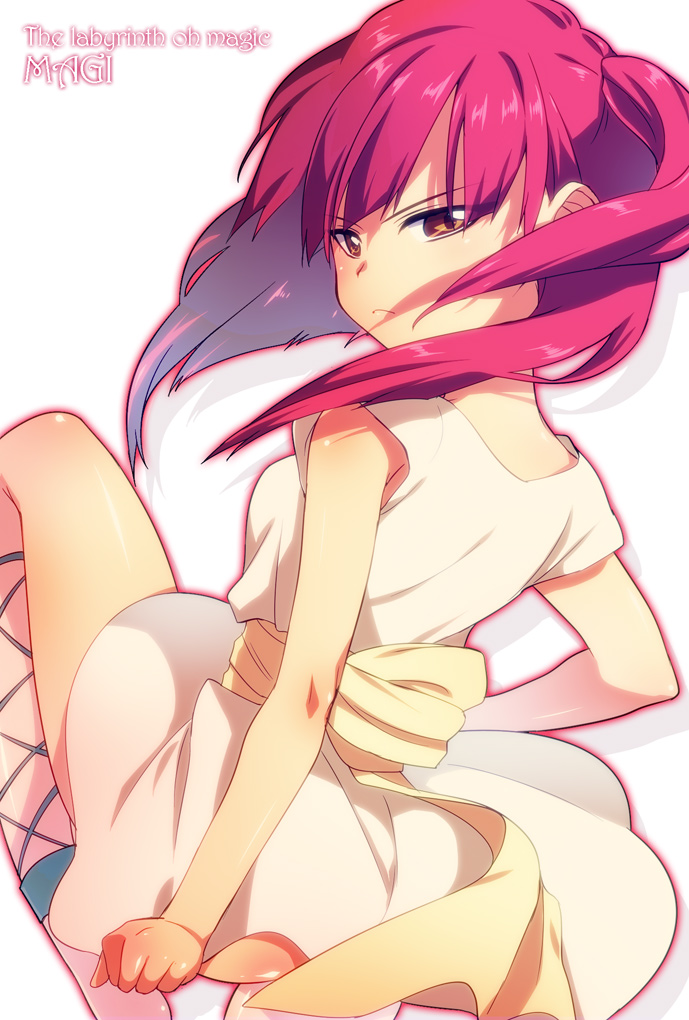 ankle_lace-up, ass, brown_eyes, cross-laced_footwear, looking_at_viewer, magi_the_labyrinth_of_magic, morgiana, red_hair