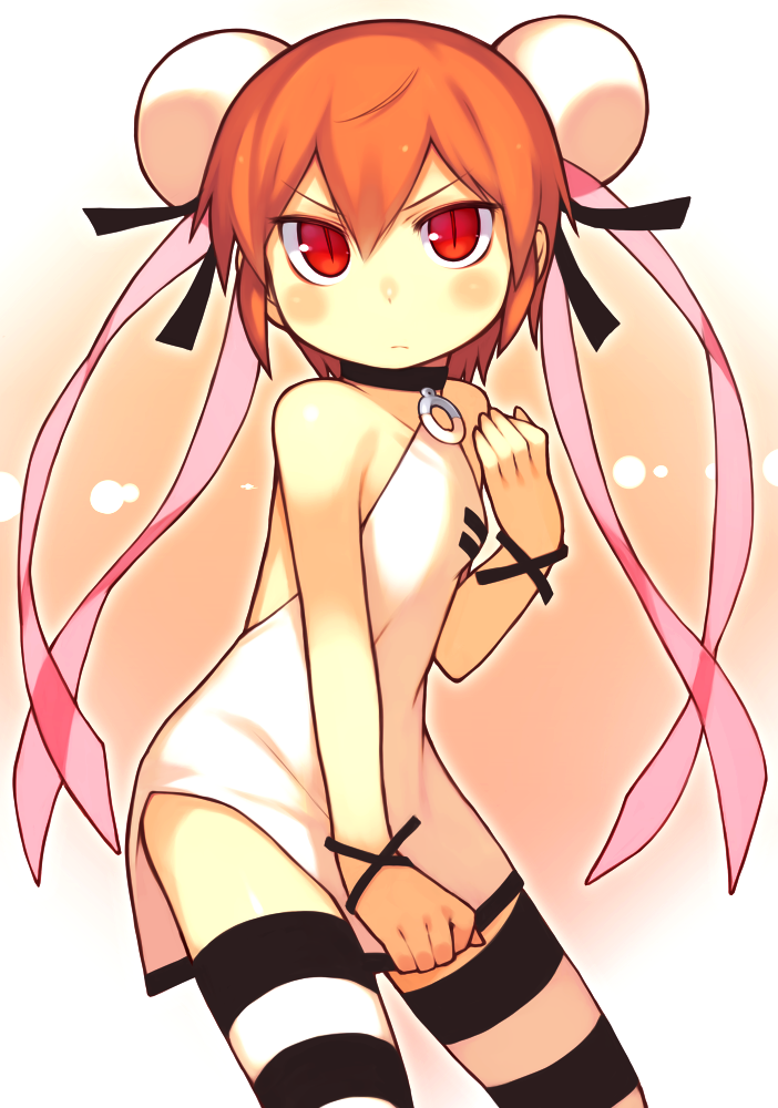 bachera, bare_shoulders, blush, choker, double_bun, hair_ribbon, looking_at_viewer, original
