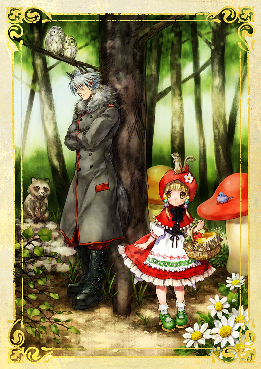 1girl, against_tree, animal_ears, apple, basket, big_bad_wolf_(cosplay), big_bad_wolf_(grimm), bird