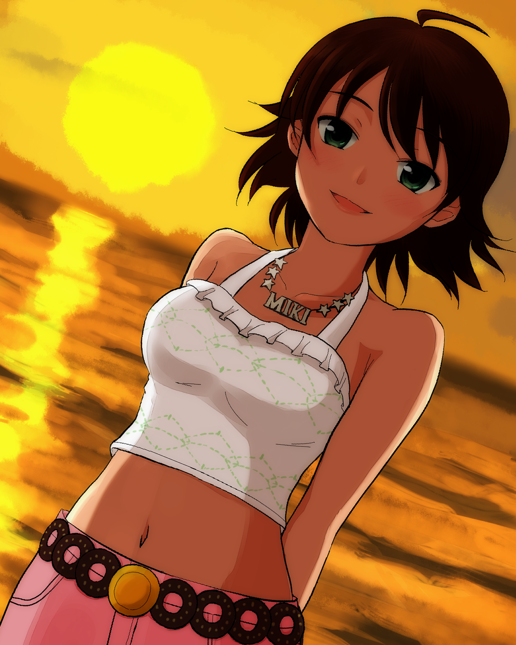 ahoge, arms_behind_back, awakened_miki, bare_shoulders, brown_hair, collarbone, dutch_angle, green_eyes