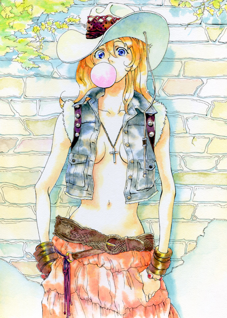 belt, bracelet, breasts, bubblegum, cleavage, cowboy_hat, cross, denim