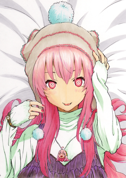 :p, blush, bonnet, cameo, casual, jewelry, long_hair, megurine_luka