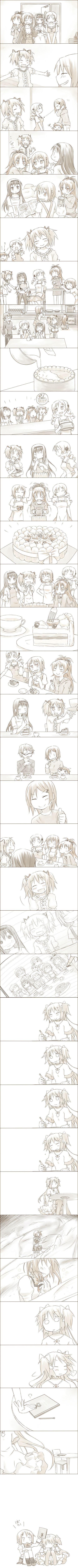 >_<, ^_^, absurdres, akemi_homura, alternate_costume, apron, blush, bow