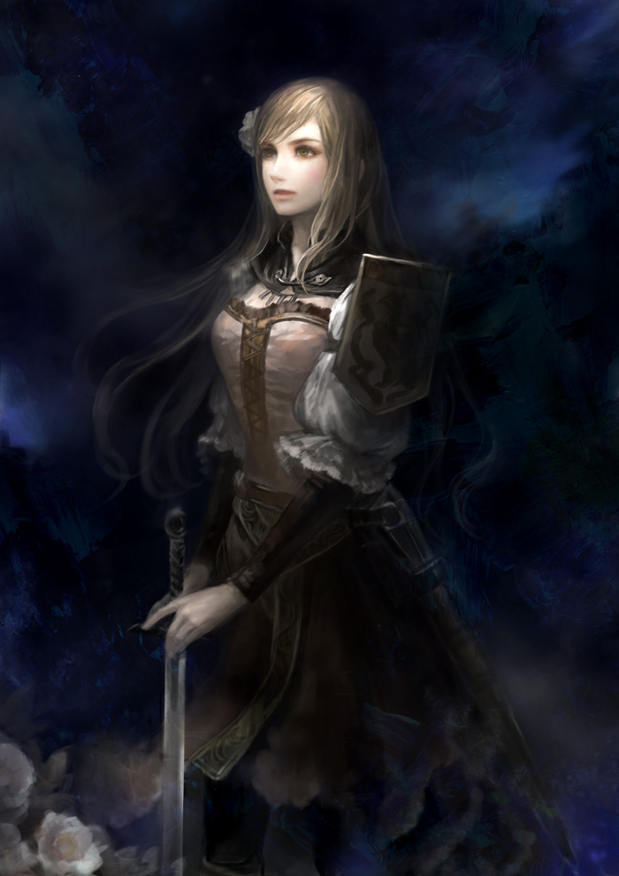 arm_guards, armor, axis_powers_hetalia, bangs, blonde_hair, breasts, dress, flower, green_eyes, hair_flower, hair_ornament, hungary_(hetalia), large_breasts, lips, long_hair, lotus_(elico), night, pants, puffy_sleeves, realistic, revision, serious, skirt, solo, swept_bangs, sword, uniform, weapon