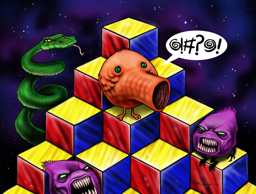 arcade, chris_labrenz, fangs, green_eyes, oldschool, q_bert, qbert, realistic, snake, snake(animal), tongue, video_game, yellow_eyes