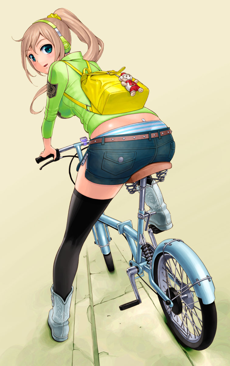 aqua_eyes, backpack, bag, bicycle, black_legwear, boots, brown_hair, clothes_tag