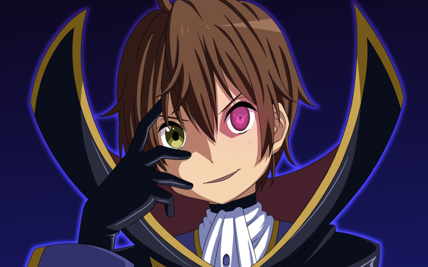 brown_hair, chuunibyou_demo_koi_ga_shitai!, code_geass, cosplay, dark_flame_master, fukuyama_jun, geass, gloves, green_eyes, highres, lelouch_lamperouge, lelouch_lamperouge_(cosplay), male, oku_no_shi, open_mouth, parody, seiyuu_connection, short_hair, simple_background, smile, solo, togashi_yuuta