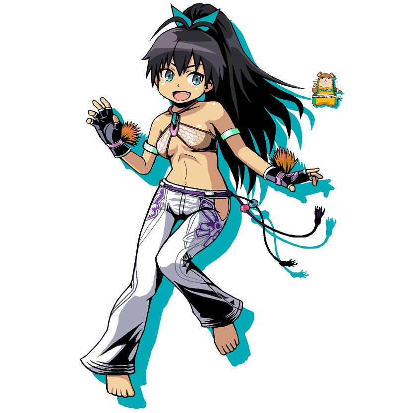 antenna_hair, barefoot, barefoot_sandals, bikini_top, black_hair, blue_eyes, bow, breasts