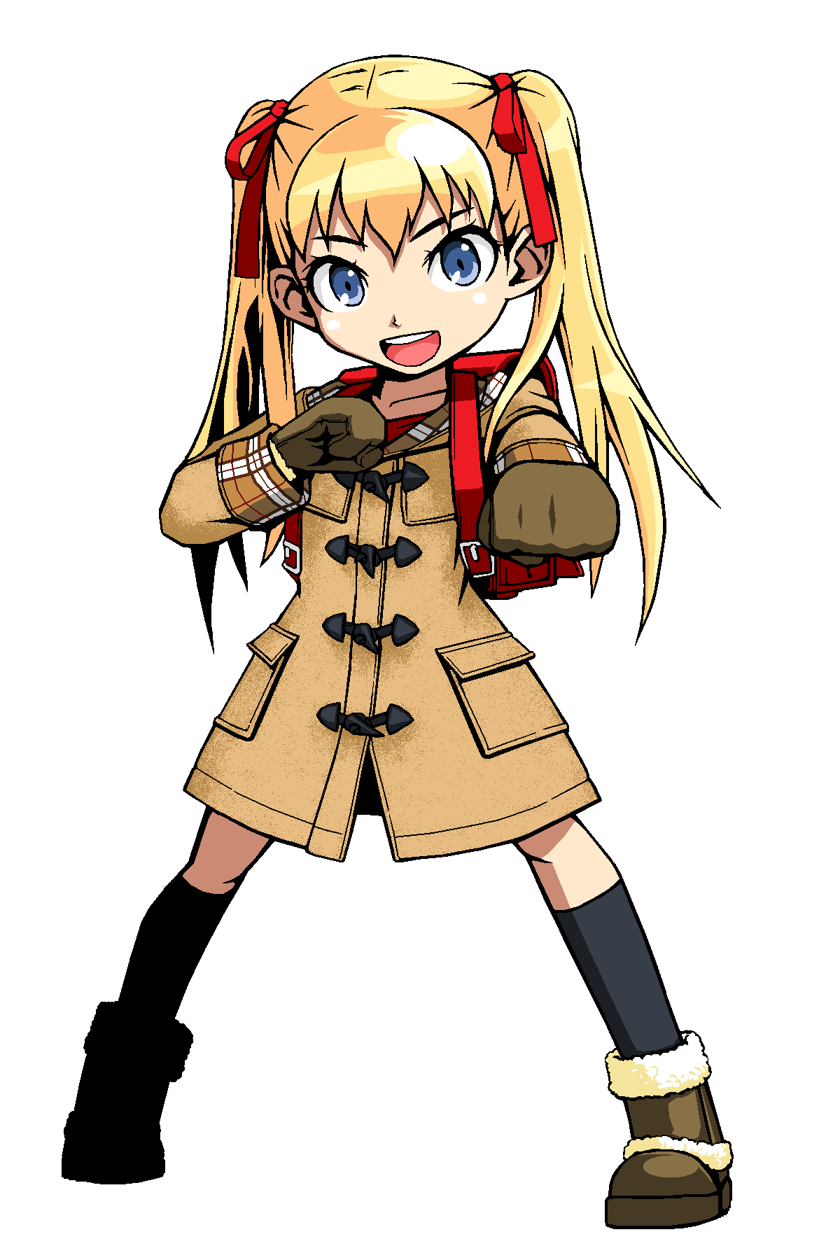 backpack, bag, blonde_hair, blue_eyes, boots, bow, character_request, clenched_hand